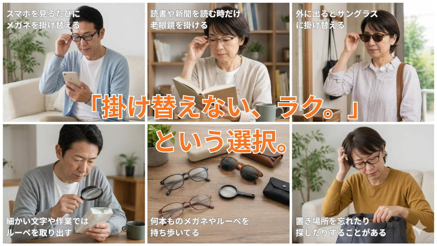 クラウドファンディングプロジェクト：掛け替えないだけで、こんなにラク。普段使い・ルーペ・サングラスの掛け替えを減らすアイウェア。