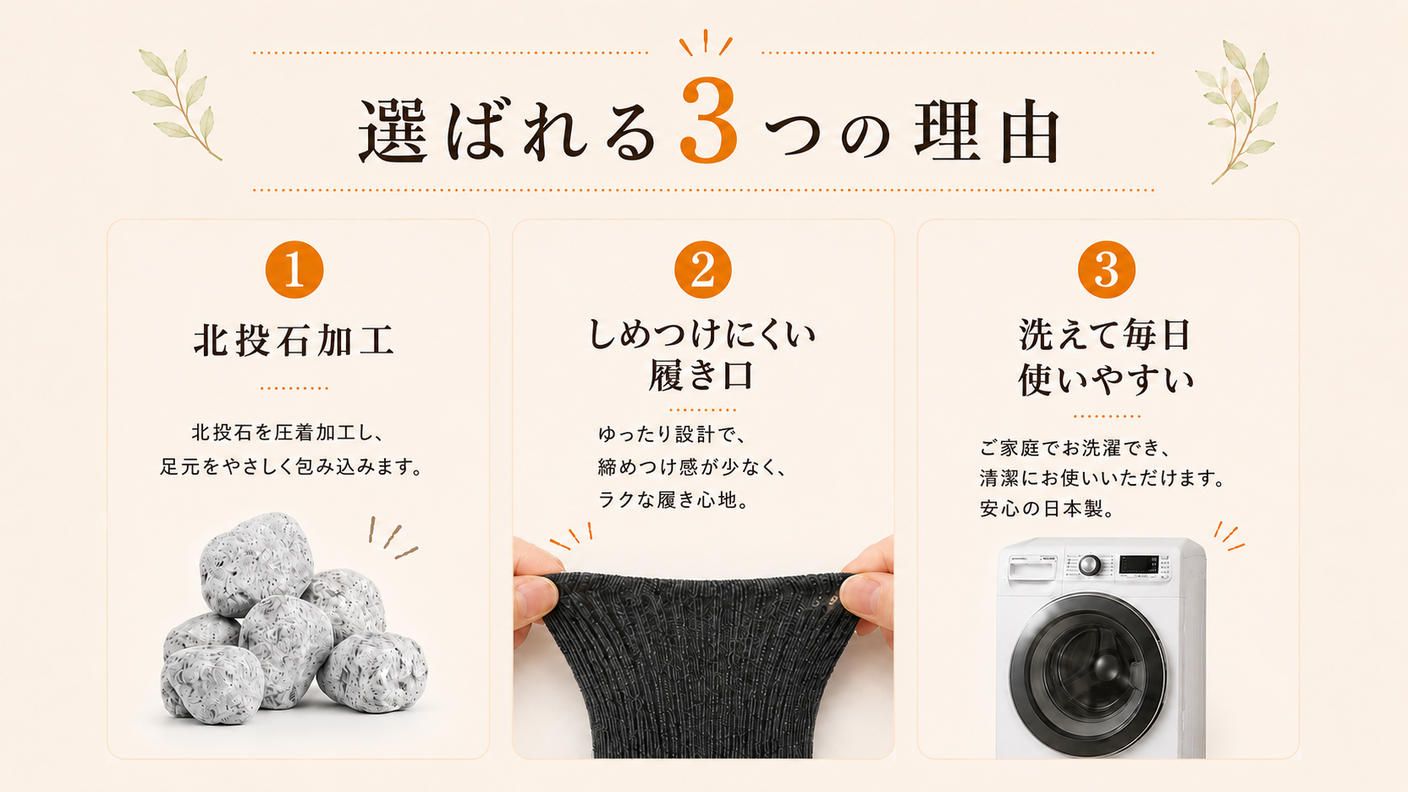 クラウドファンディングプロジェクト：冷房で足元が冷える方へ。北投石加工の日本製ゆったり温活ソックス