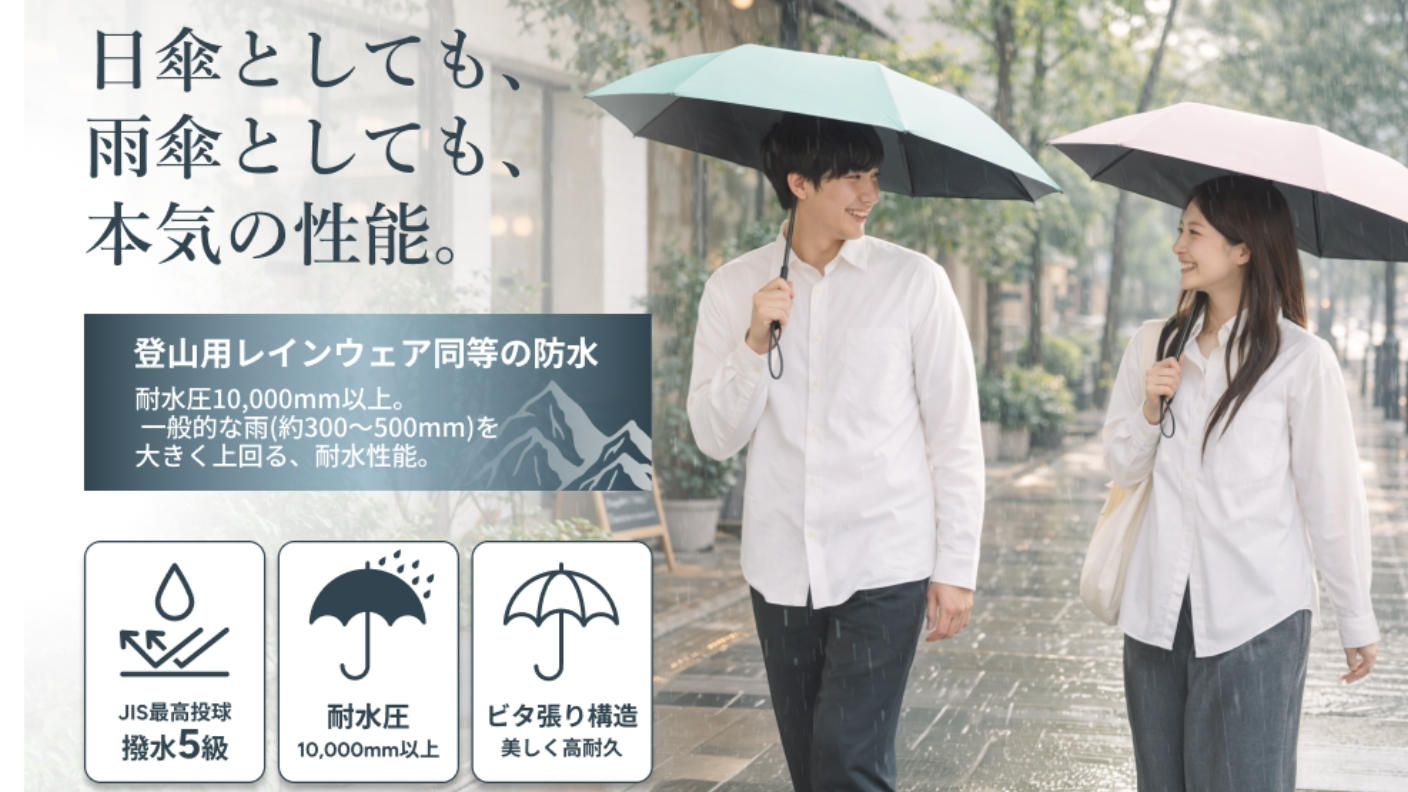 クラウドファンディングプロジェクト：晴れも雨もこれ1本！創業107年の傘屋がつくる遮光100%×遮熱率45％以上×撥水5等級の晴雨兼用傘