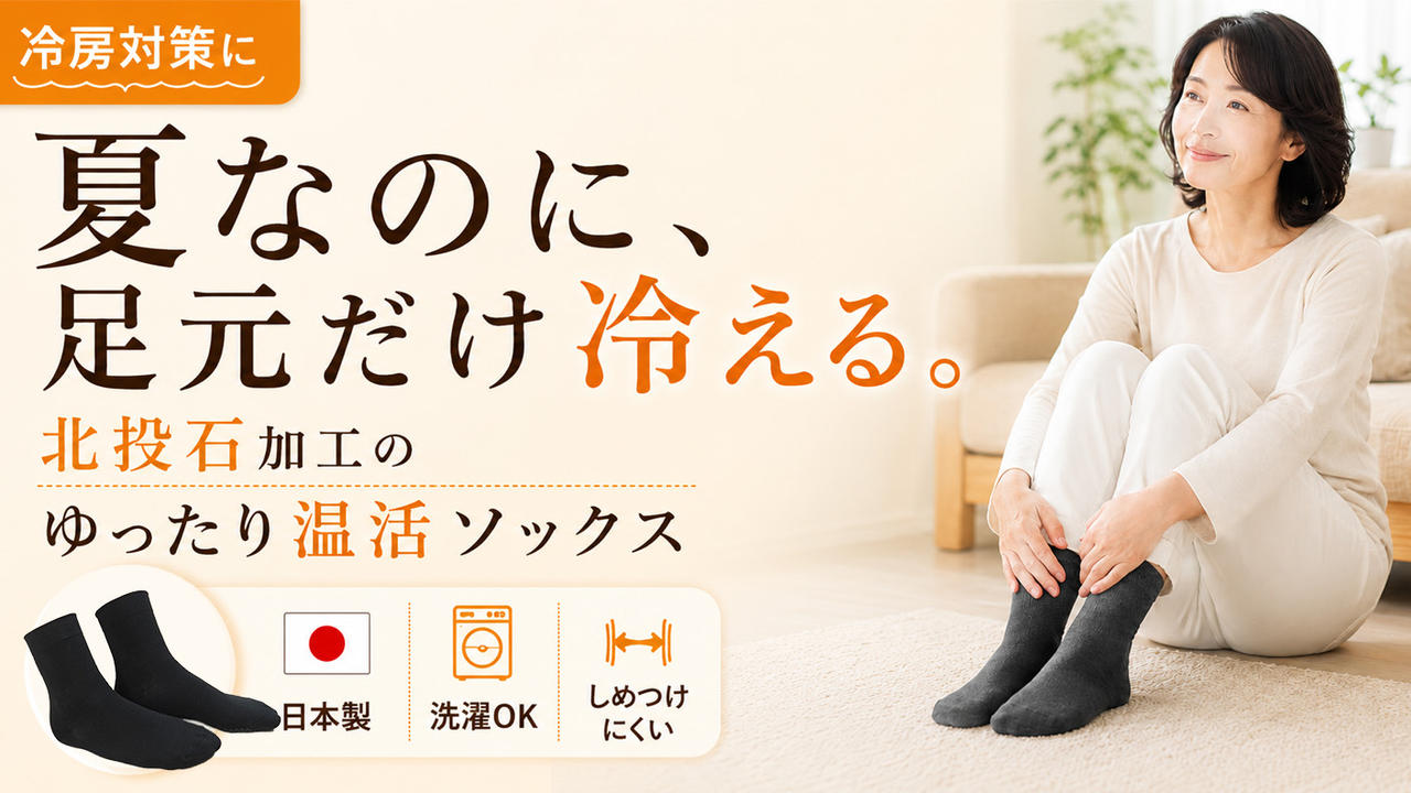 冷房で足元が冷える方へ。北投石加工の日本製ゆったり温活ソックス